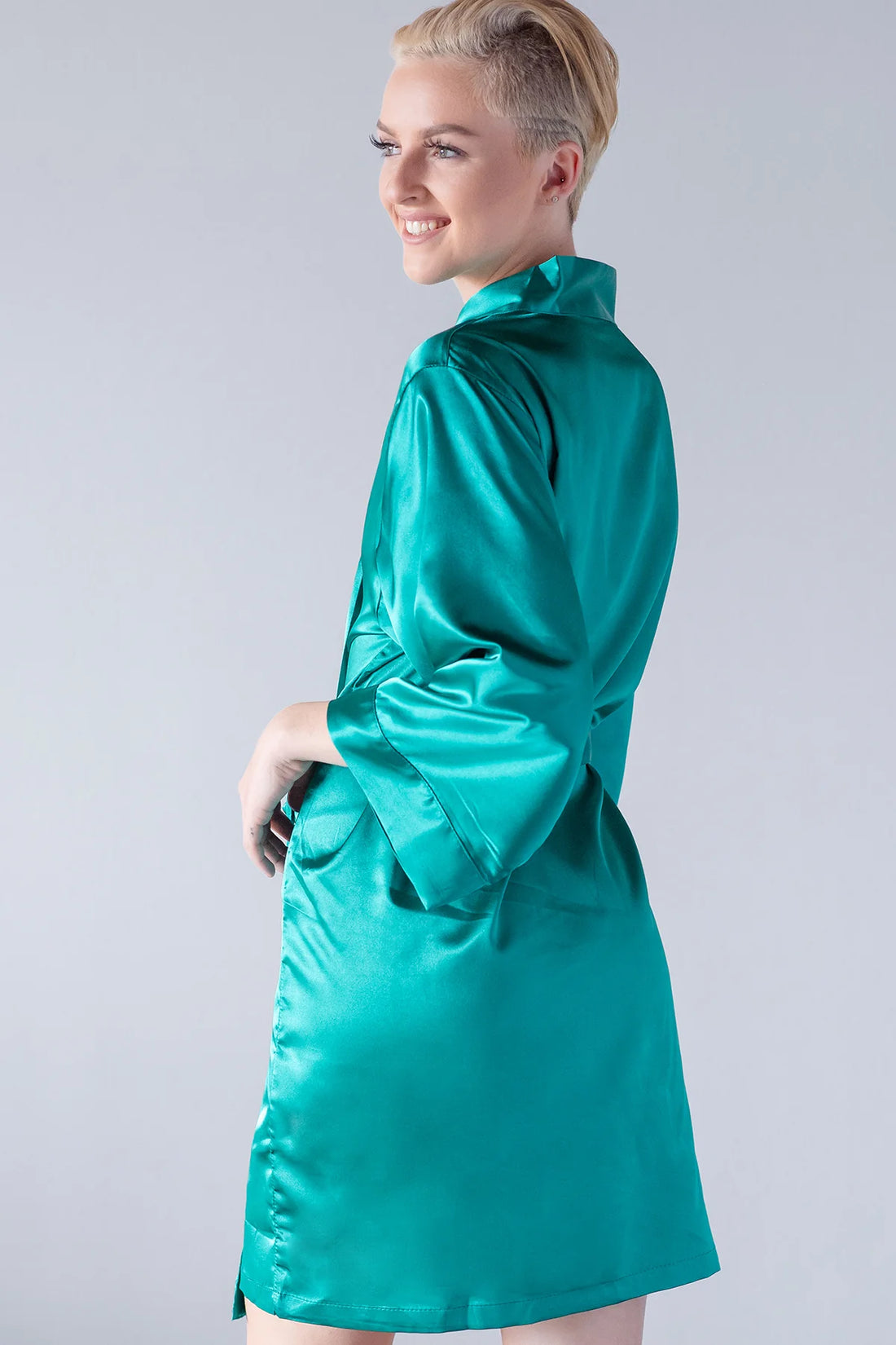 Short satin robe with custom embroidered logo