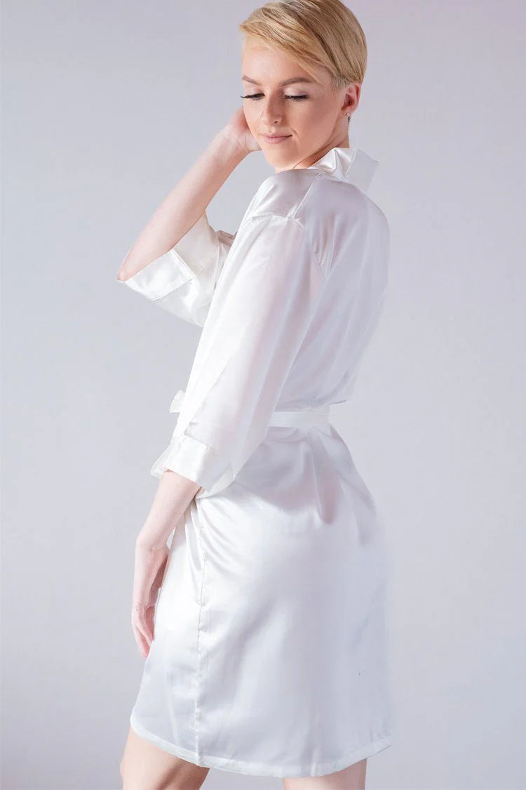 Short satin robe with custom embroidered logo