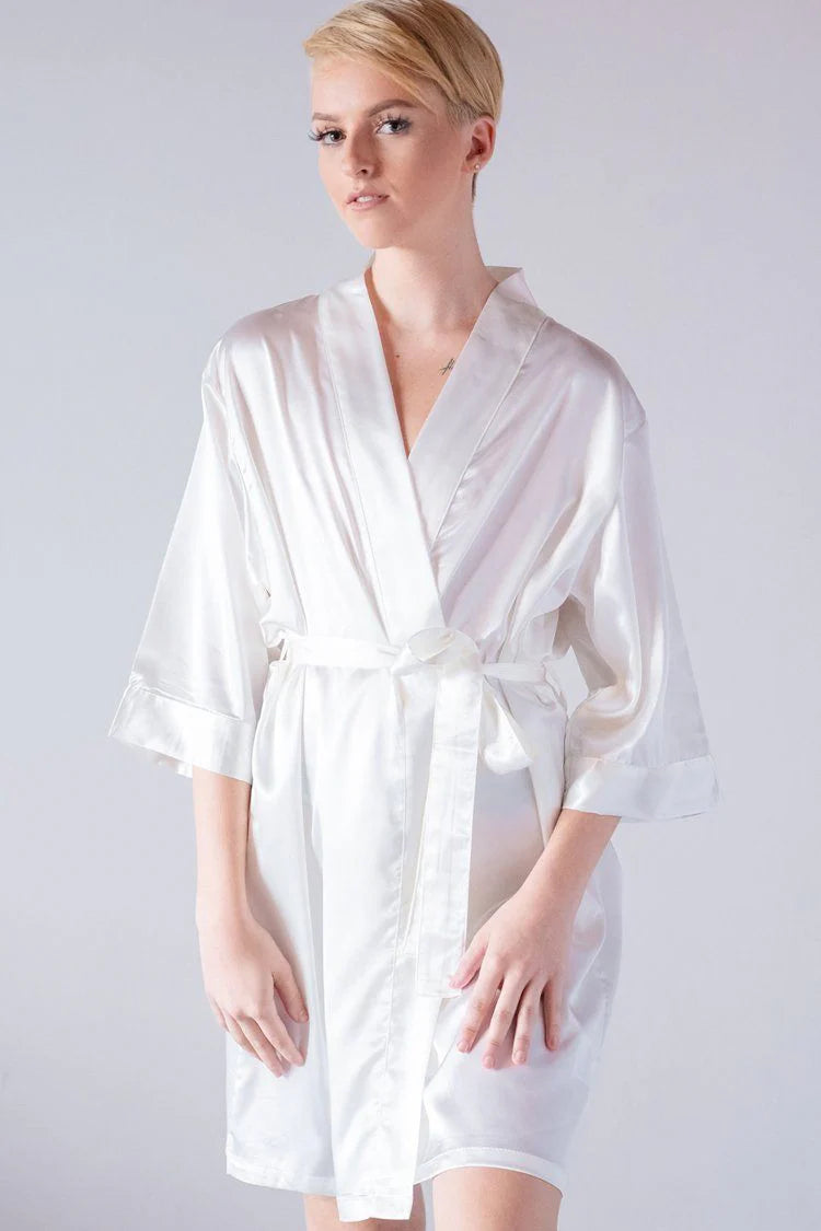 Short satin robe with custom embroidered logo