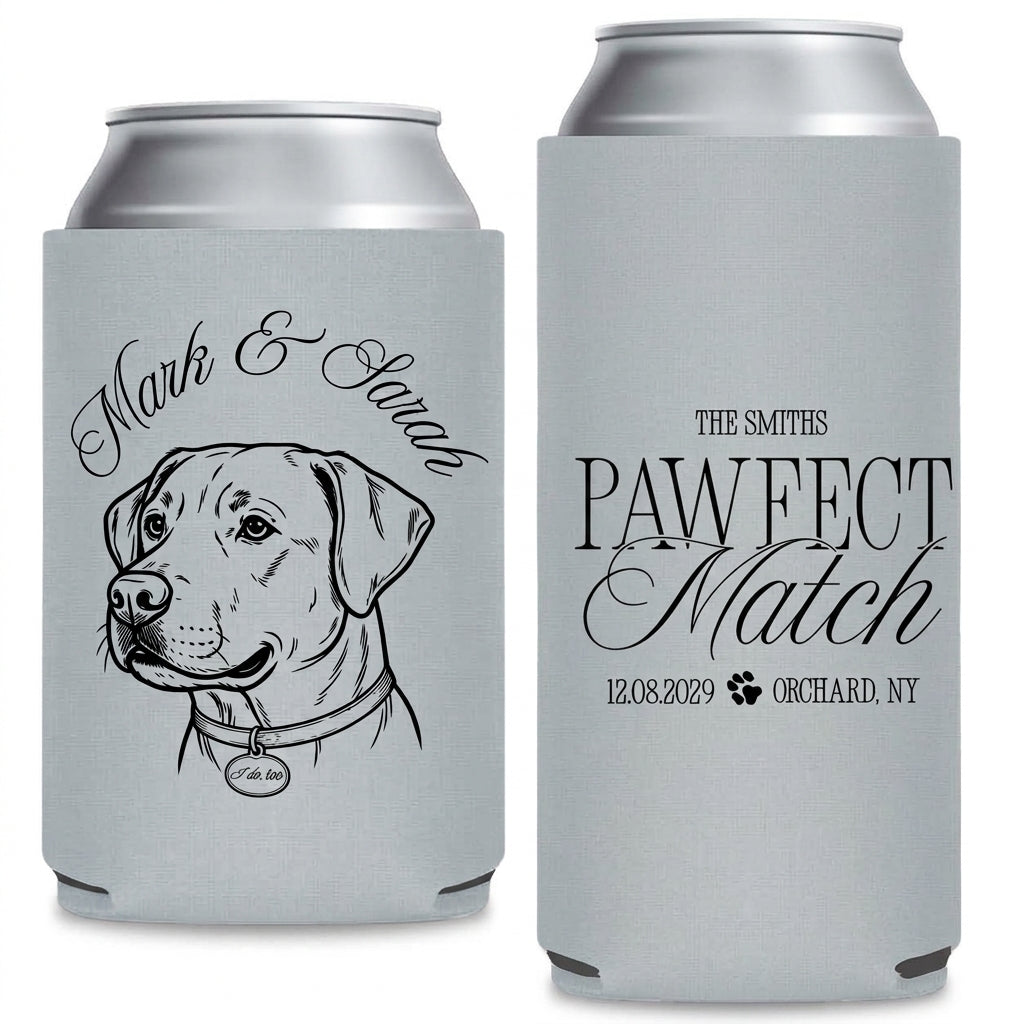 Pet Bliss Wedding Can Coolers shown on standard and slim can coolers