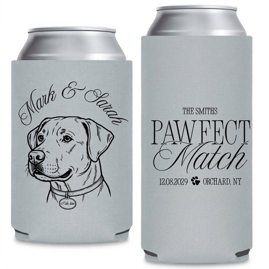 Pet Bliss Wedding Can Coolers shown on standard and slim can coolers