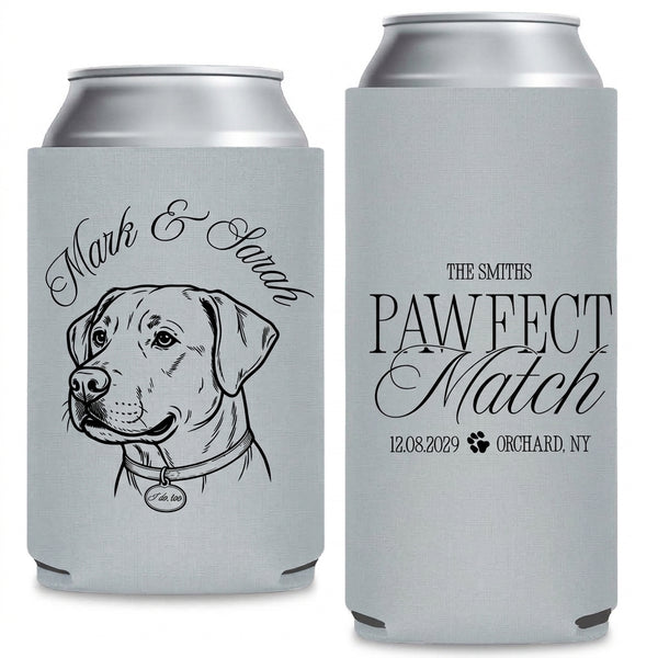 Pet Bliss Wedding Can Coolers shown on standard and slim can coolers