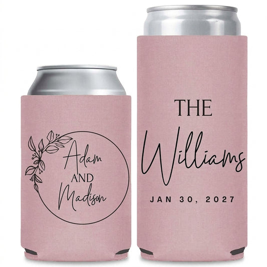 Pet Cheers Wedding Can Coolers shown on standard and slim can coolers