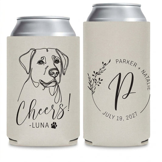 Pet Monogram Wedding Can Coolers shown on standard and slim can coolers