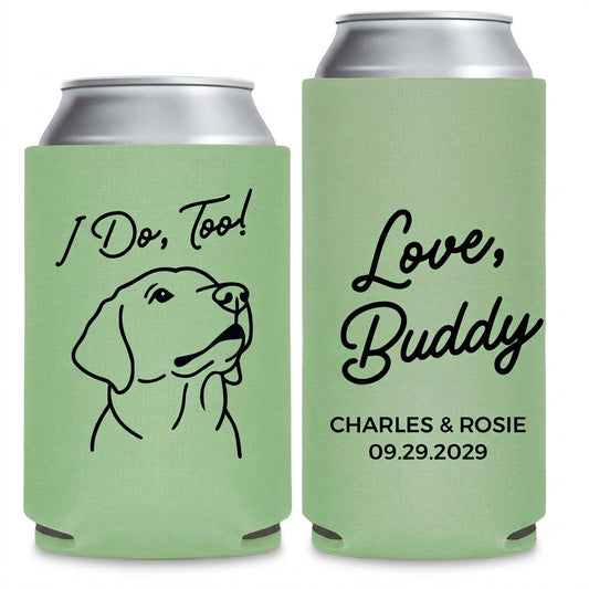 Pet Sip Hooray Wedding Can Coolers shown on standard and slim can coolers