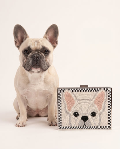French Bulldog Beaded Clutch Purse, Custom Pet Portrait Evening Bag, Dog Mom Hand Beaded Handbag with Monogram or Date, Dog Lover Gift