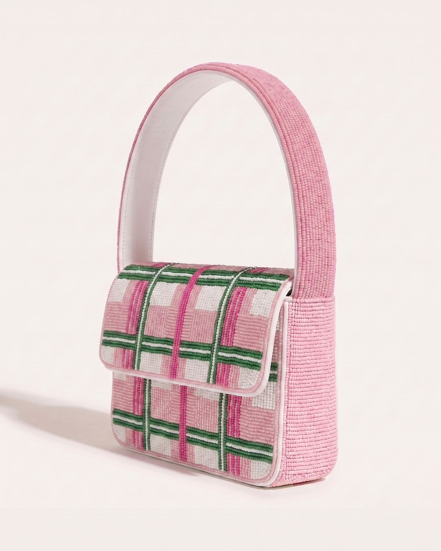Pink Plaid Beaded Shoulder Bag