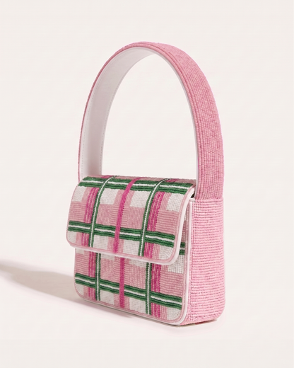 Pink Plaid Beaded Shoulder Bag