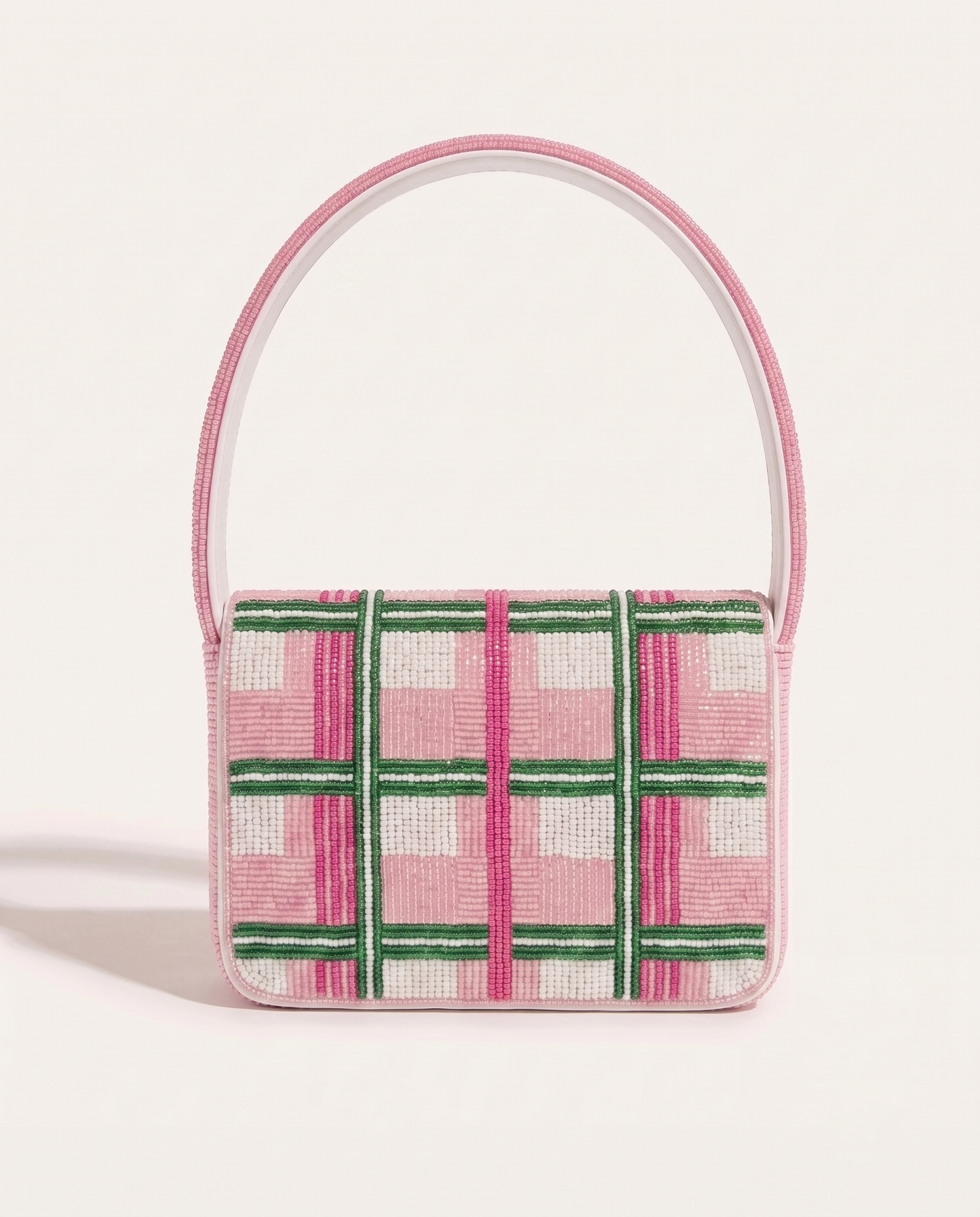 Pink Plaid Beaded Shoulder Bag