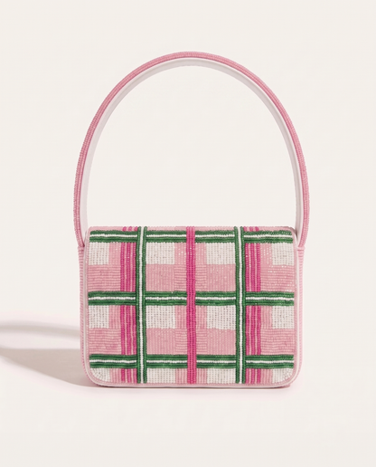 Pink Plaid Beaded Shoulder Bag