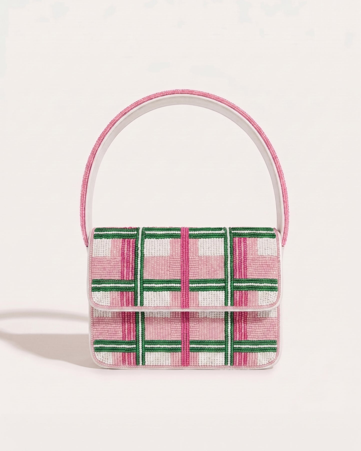 Pink Plaid Beaded Shoulder Bag