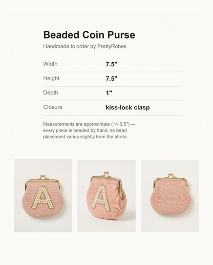 Personalized Beaded Coin Purse with Pearl Initial, Custom Blush Pink Monogram Pouch, Vintage Style Kiss Lock Bridal Keepsake Wallet