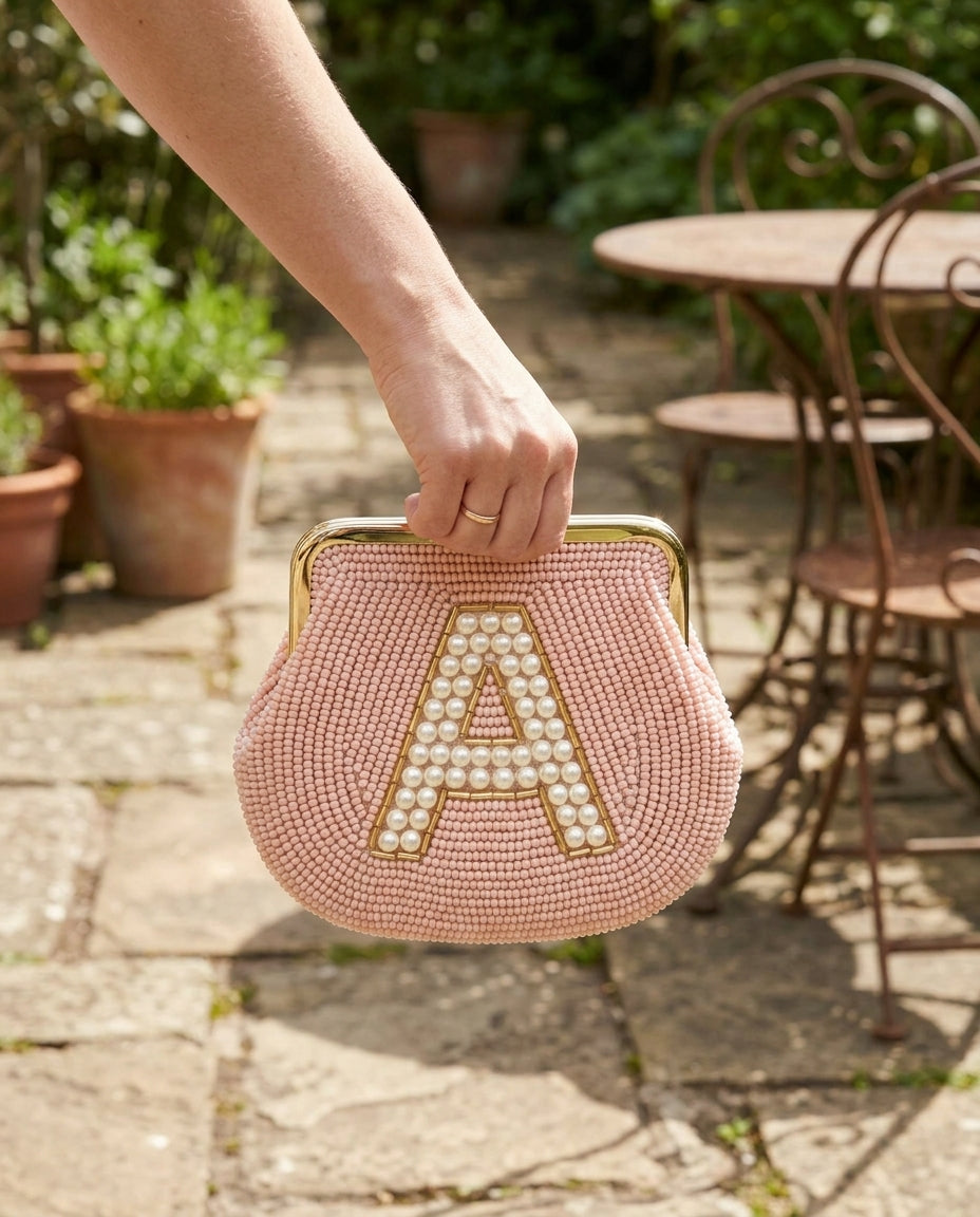 Personalized Beaded Coin Purse with Pearl Initial, Custom Blush Pink Monogram Pouch, Vintage Style Kiss Lock Bridal Keepsake Wallet
