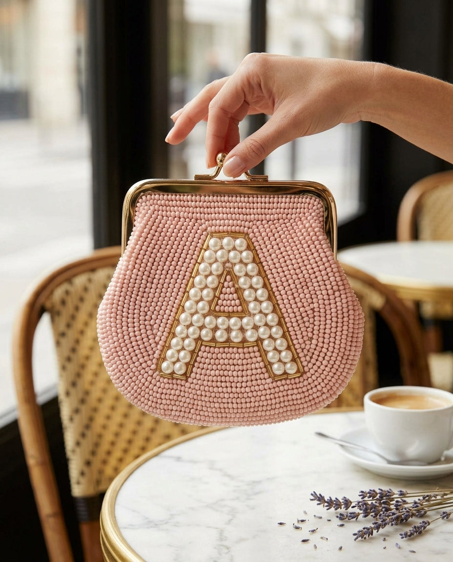 Personalized Beaded Coin Purse with Pearl Initial, Custom Blush Pink Monogram Pouch, Vintage Style Kiss Lock Bridal Keepsake Wallet