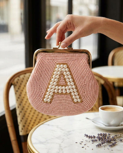 Personalized Beaded Coin Purse with Pearl Initial, Custom Blush Pink Monogram Pouch, Vintage Style Kiss Lock Bridal Keepsake Wallet