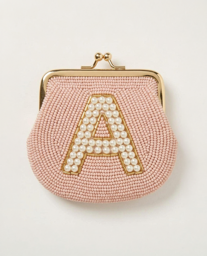Personalized Beaded Coin Purse with Pearl Initial, Custom Blush Pink Monogram Pouch, Vintage Style Kiss Lock Bridal Keepsake Wallet