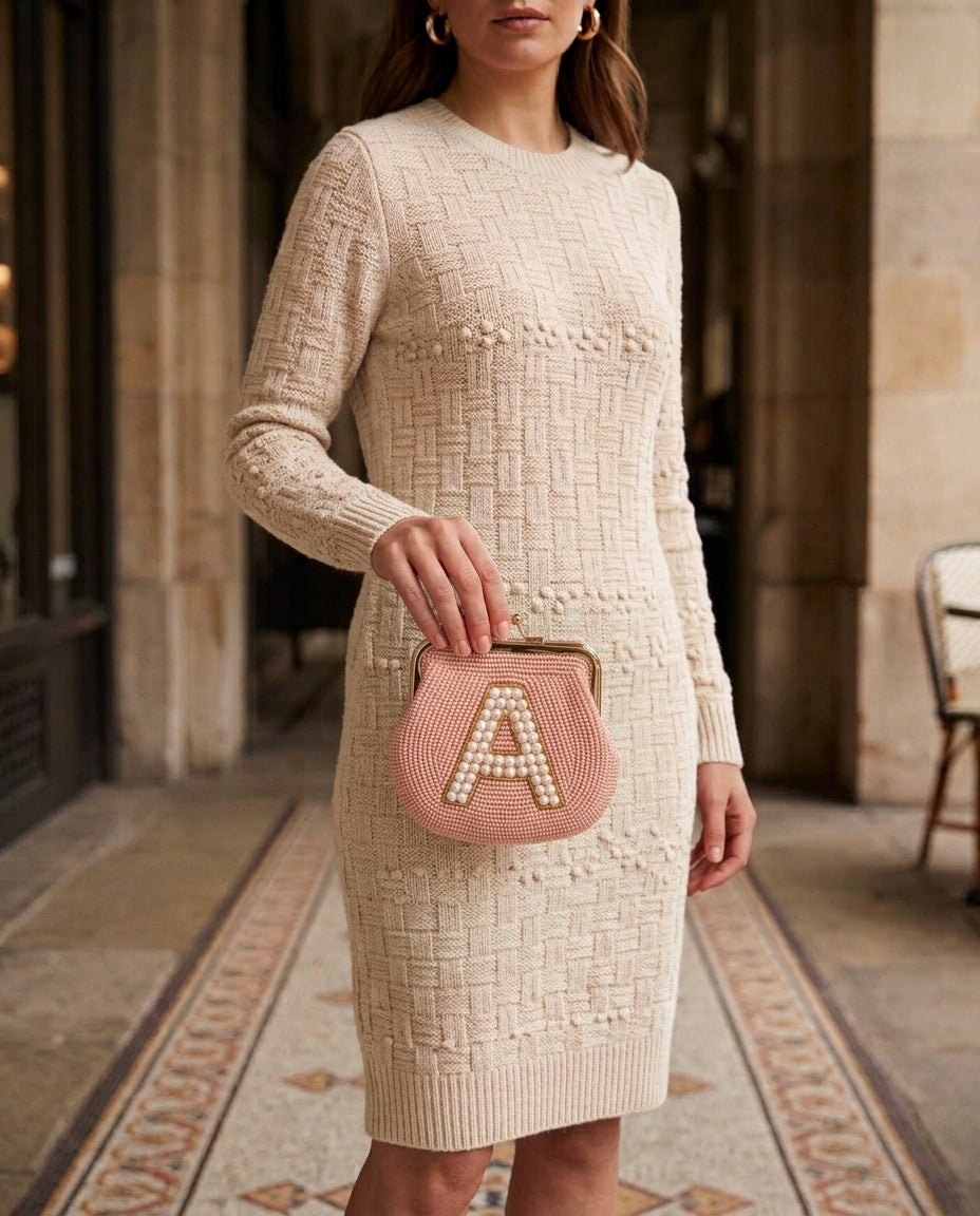 Personalized Beaded Coin Purse with Pearl Initial, Custom Blush Pink Monogram Pouch, Vintage Style Kiss Lock Bridal Keepsake Wallet