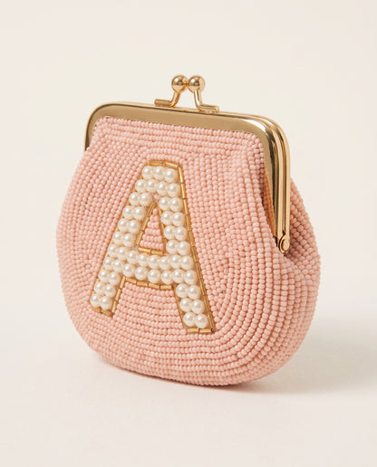 Personalized Beaded Coin Purse with Pearl Initial, Custom Blush Pink Monogram Pouch, Vintage Style Kiss Lock Bridal Keepsake Wallet