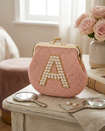 Personalized Beaded Coin Purse with Pearl Initial, Custom Blush Pink Monogram Pouch, Vintage Style Kiss Lock Bridal Keepsake Wallet