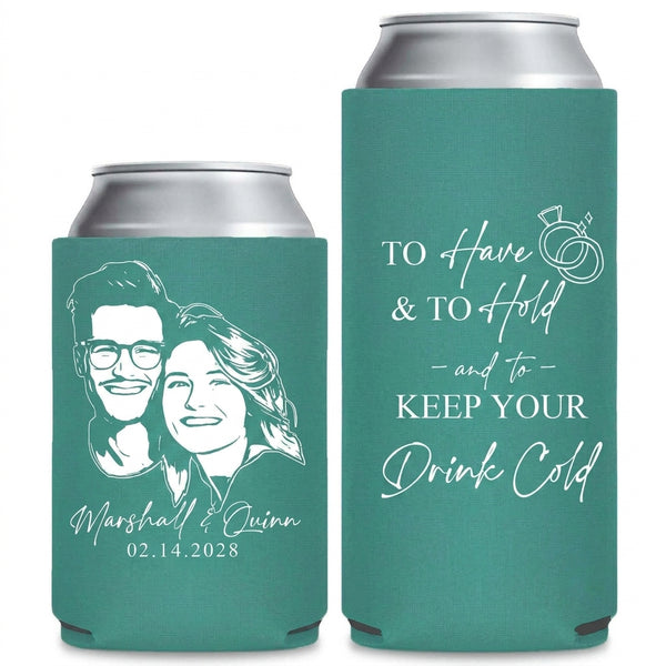 Portrait Mockup Wedding Can Coolers shown on standard and slim can coolers