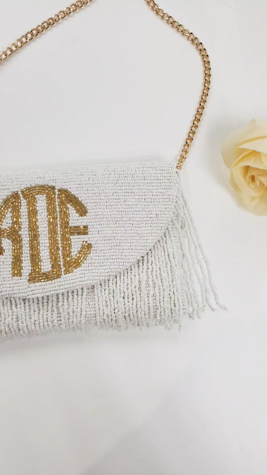 Beaded Half-Moon Fringe Clutch for Bride