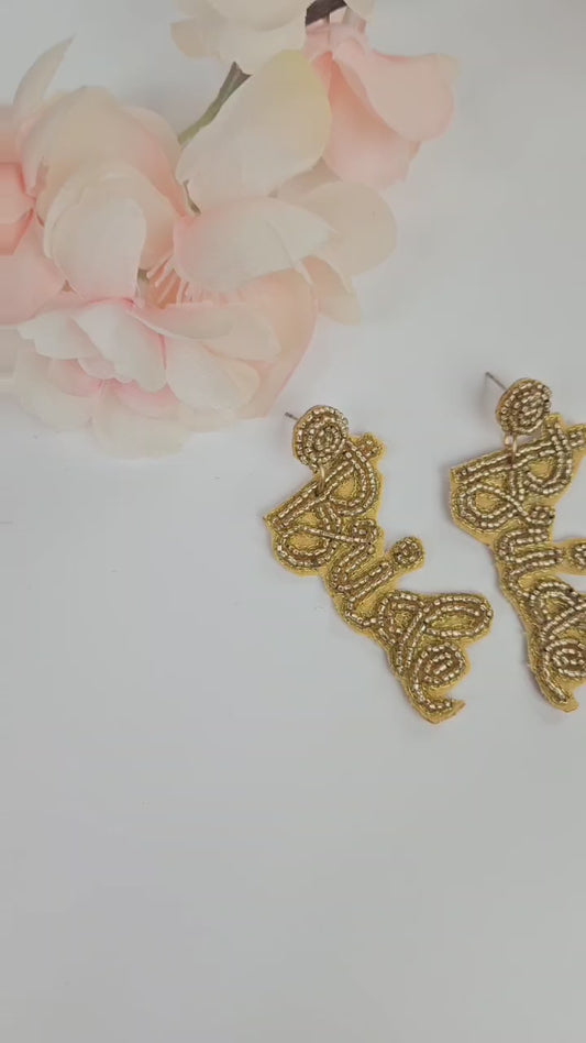 Gold Cursive Bride Beaded Earrings