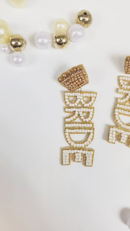 Gold and White Seed Bead Bride Earrings