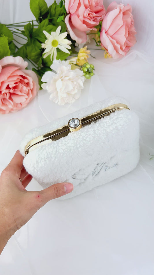 Faux Fur Embroidered Box Clutch for Bride