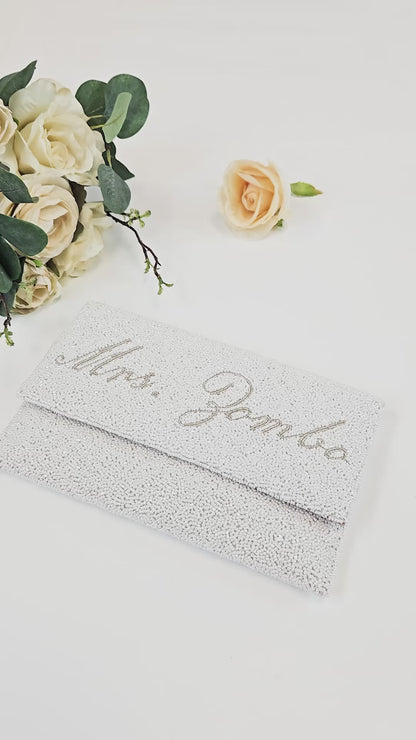 Pearl MRS. Last Name Beaded Bridal Clutch