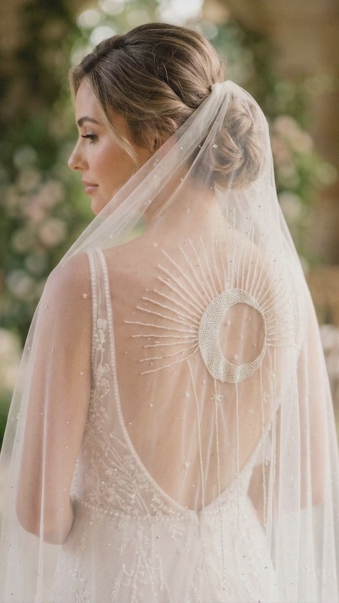 Celestial Wedding Veil with Moon & Star Back Design Fingertip 42