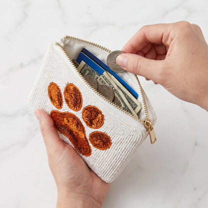 Orange Paw Print Beaded Coin Purse