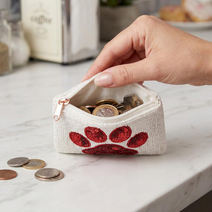 Red Paw Print Beaded Coin Purse
