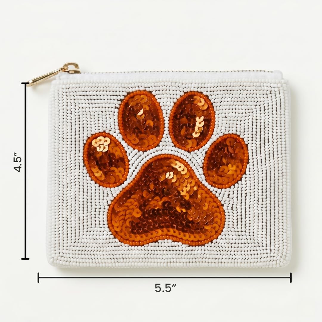 Orange Paw Print Beaded Coin Purse
