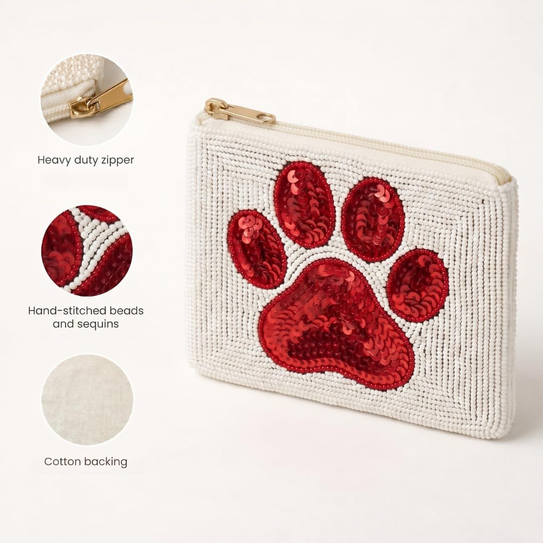 Red Paw Print Beaded Coin Purse