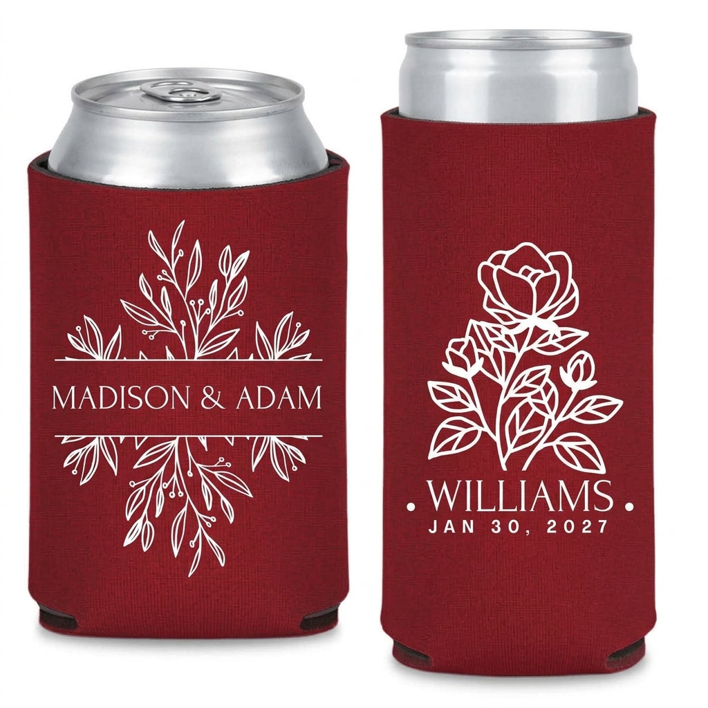 Red Rose Romance Wedding Can Coolers shown on standard and slim can coolers