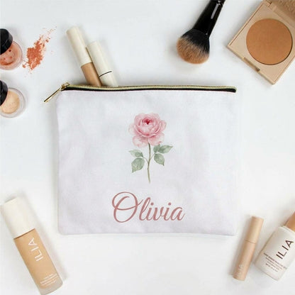 Canvas makeup pouch with her birth flower (June rose) and her name