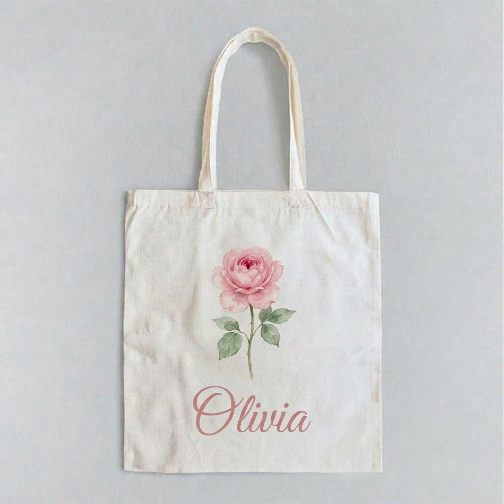 Canvas tote with her birth flower (June rose) and her name