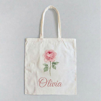 Canvas tote with her birth flower (June rose) and her name