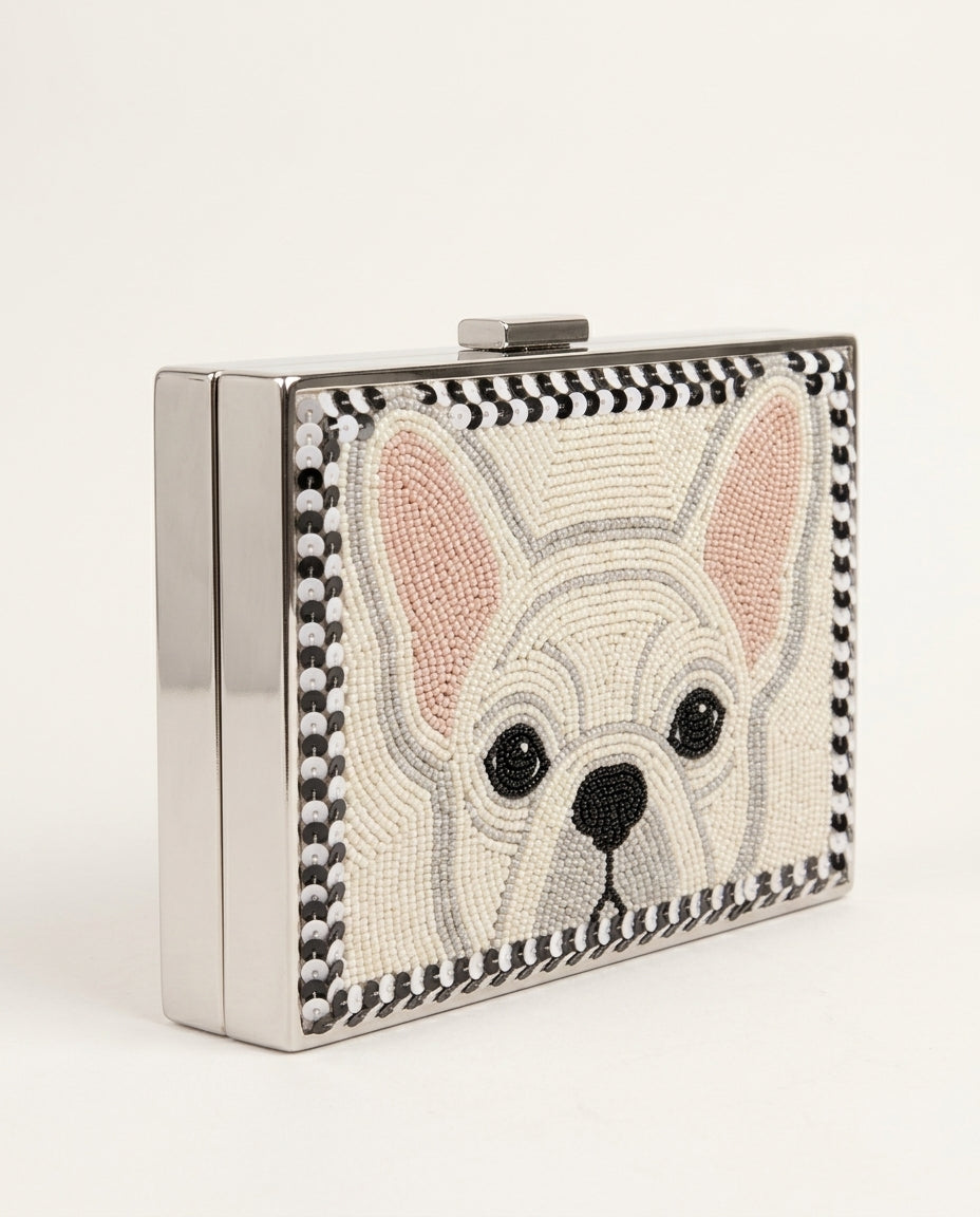 French Bulldog Beaded Clutch Purse, Custom Pet Portrait Evening Bag, Dog Mom Hand Beaded Handbag with Monogram or Date, Dog Lover Gift