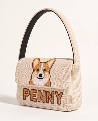 Custom Pet Portrait Beaded Shoulder Bag, Personalized Dog Purse with Name, Hand Beaded Pet Lover Handbag, Custom Dog Mom Evening Bag