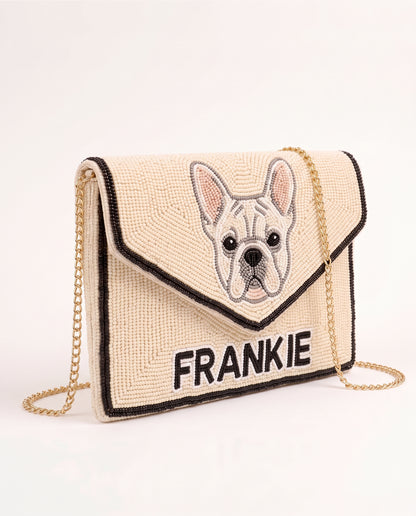 Custom Pet Portrait Beaded Clutch, Personalized Dog Name Hand Beaded Envelope Purse with Crossbody Chain, French Bulldog Bag Gift
