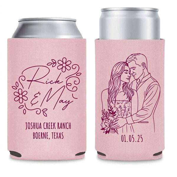 Sketch Style Wedding Can Coolers shown on standard and slim can coolers