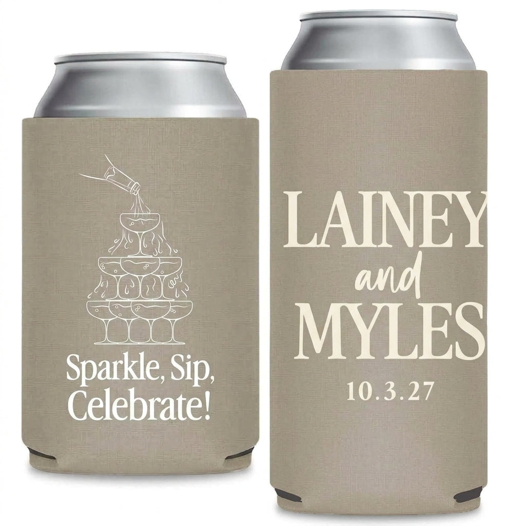 Sparkle Sip Celebrate Wedding Can Coolers shown on standard and slim can coolers