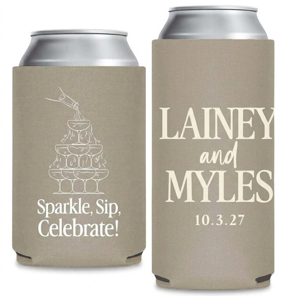 Sparkle Sip Celebrate Wedding Can Coolers shown on standard and slim can coolers