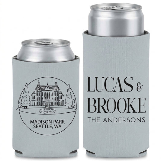 Special Place Wedding Can Coolers shown on standard and slim can coolers