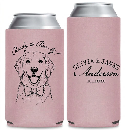 Tail And Trails Wedding Can Coolers shown on standard and slim can coolers