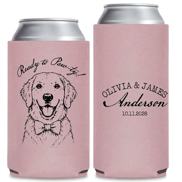 Tail And Trails Wedding Can Coolers shown on standard and slim can coolers