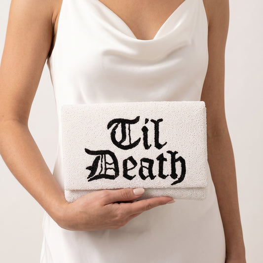 'Til Death white beaded bridal clutch
