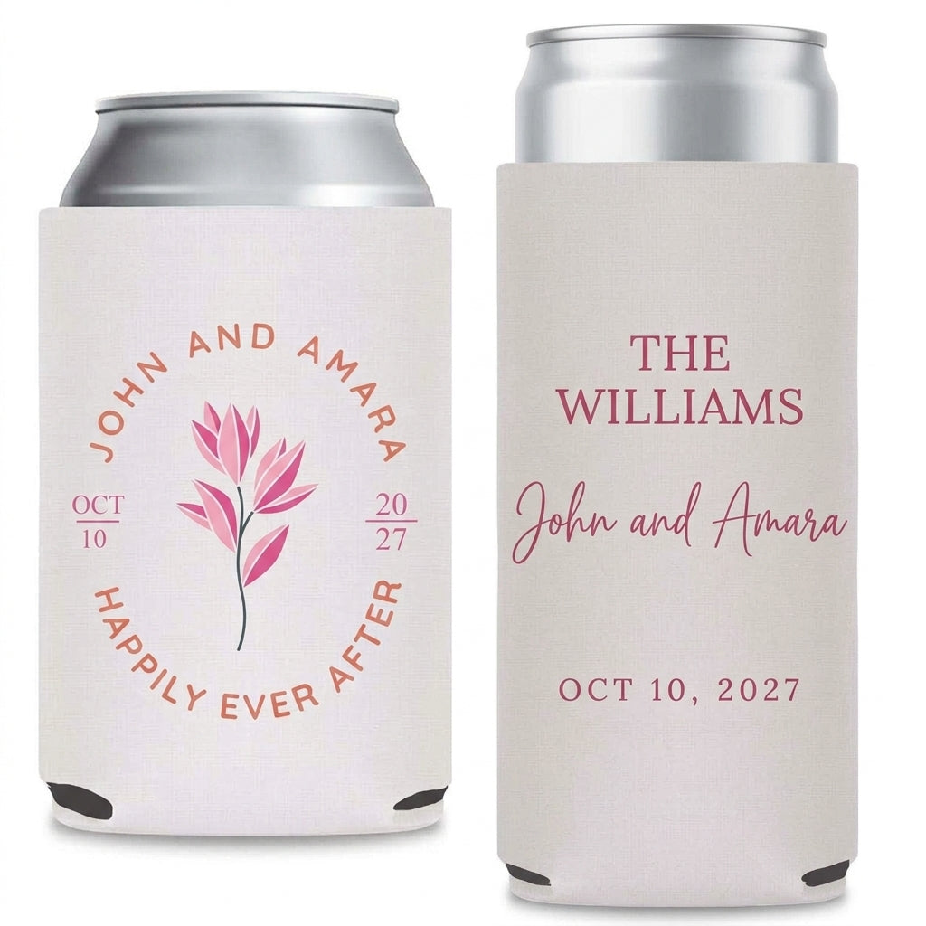Tropical Blossom Wedding Can Coolers shown on standard and slim can coolers