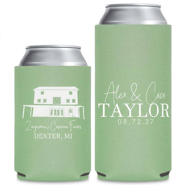 Venue Map Wedding Can Coolers shown on standard and slim can coolers